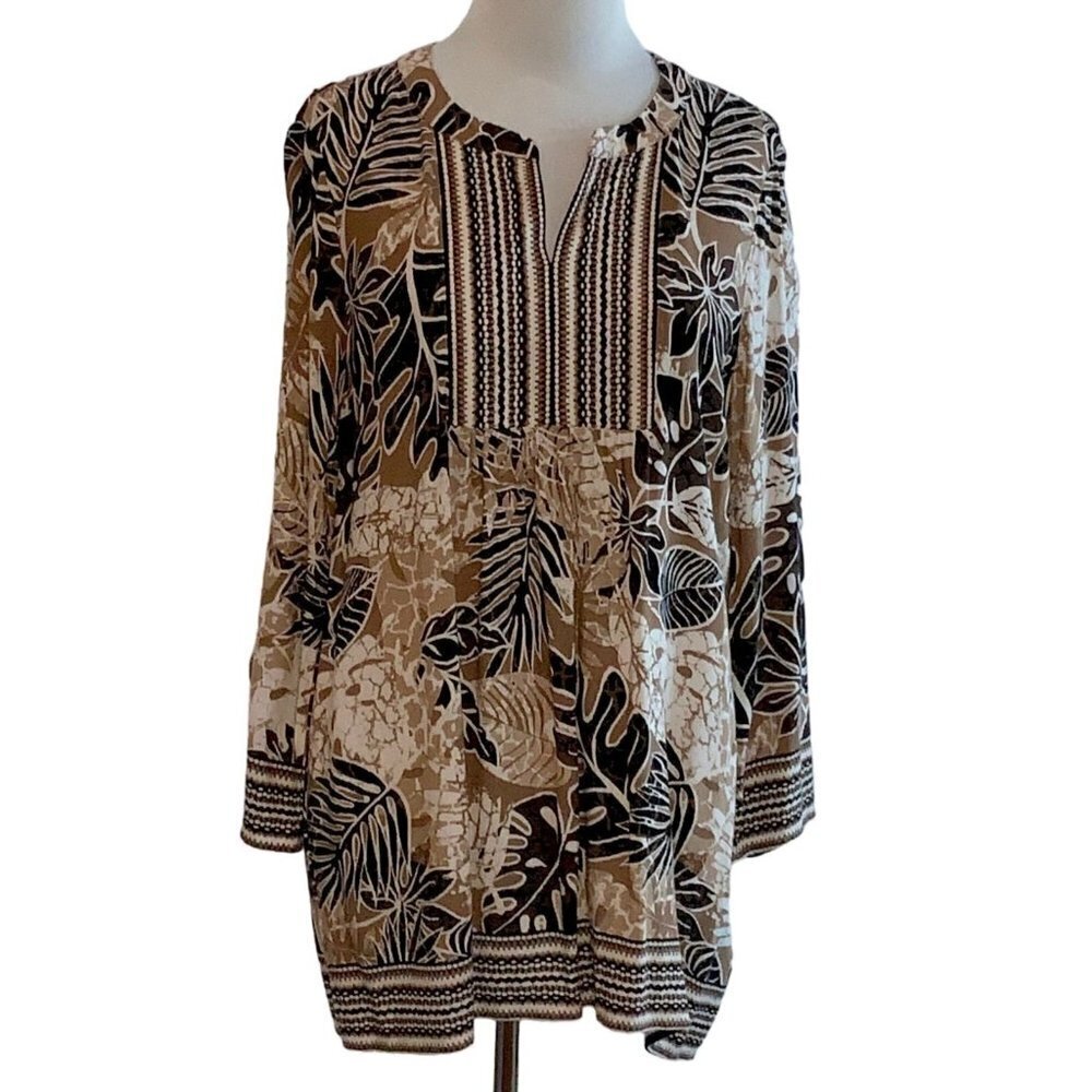 Ruby Rd ladies partial sleeve vneck pullover tan tropical tunic top size Medium